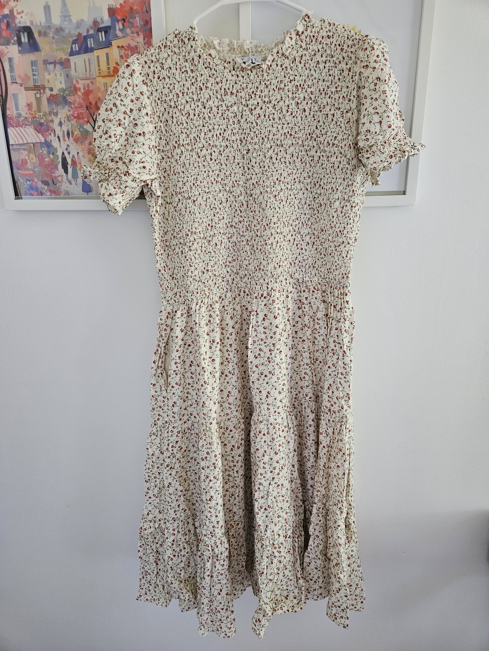 Ivy City Smocked Ditsy Floral Midi Dress in Cream
